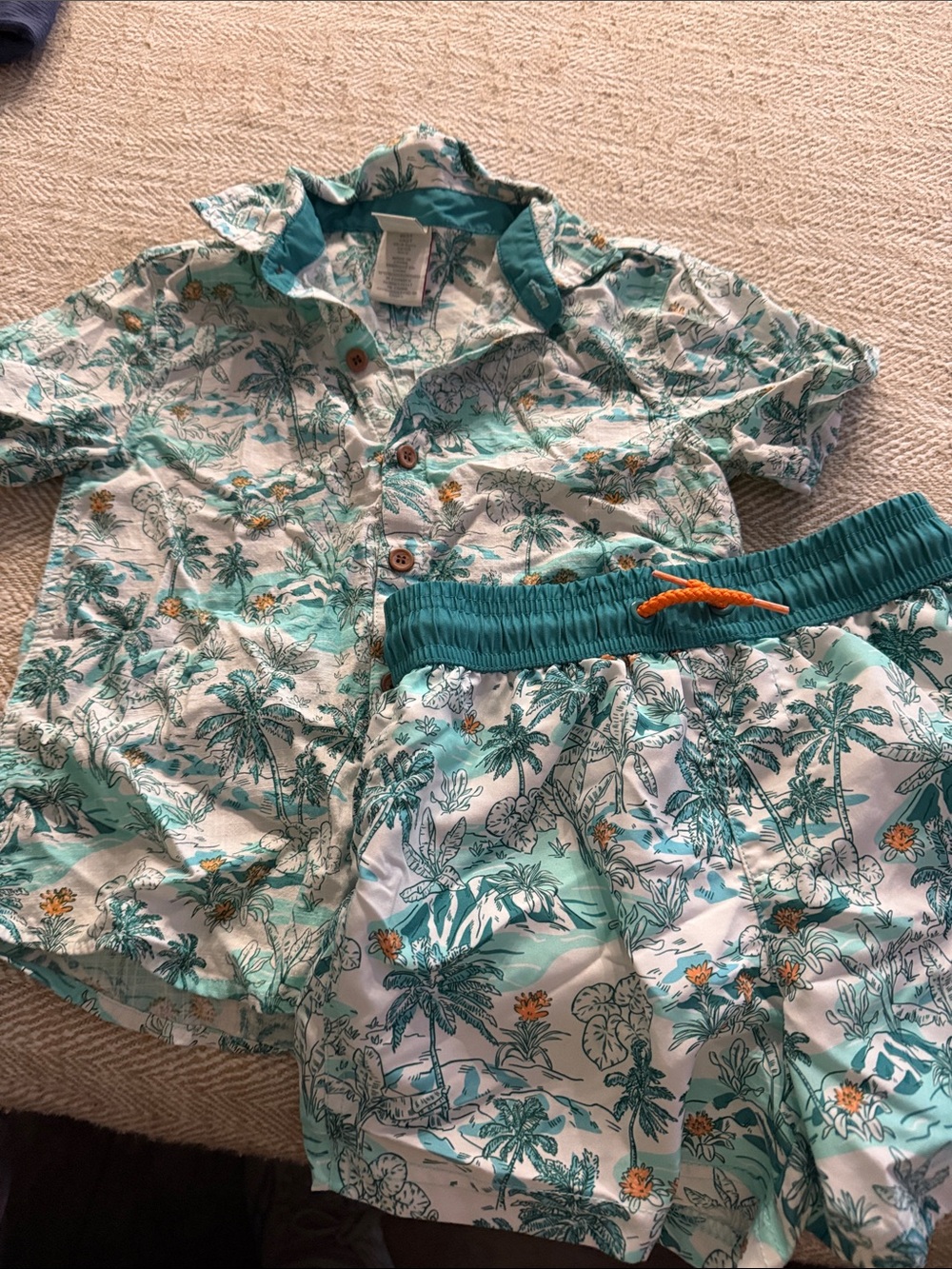Kids Tropical Print Short Set - Teal and White A15